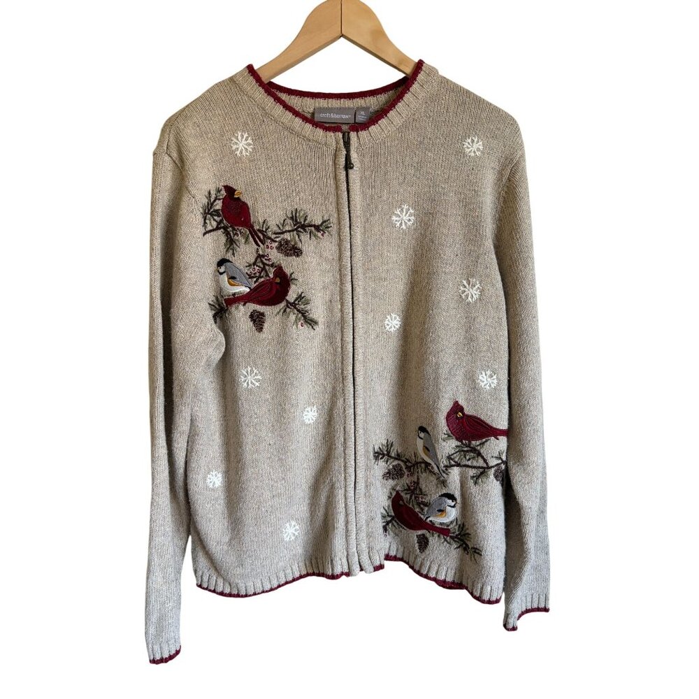 Croft & Barrow XL Cardinal Bird Winter Holiday Christmas Full Zip Sweater Cardig